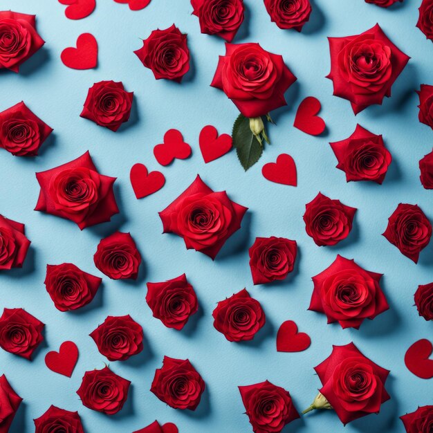 Rode rozenbloem op blauwe achtergrond Valentijnsdagbriefje