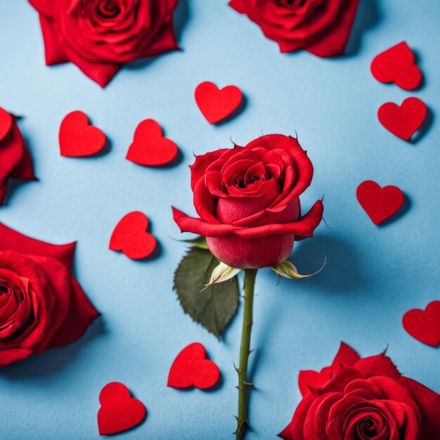 Rode rozenbloem op blauwe achtergrond Valentijnsdagbriefje