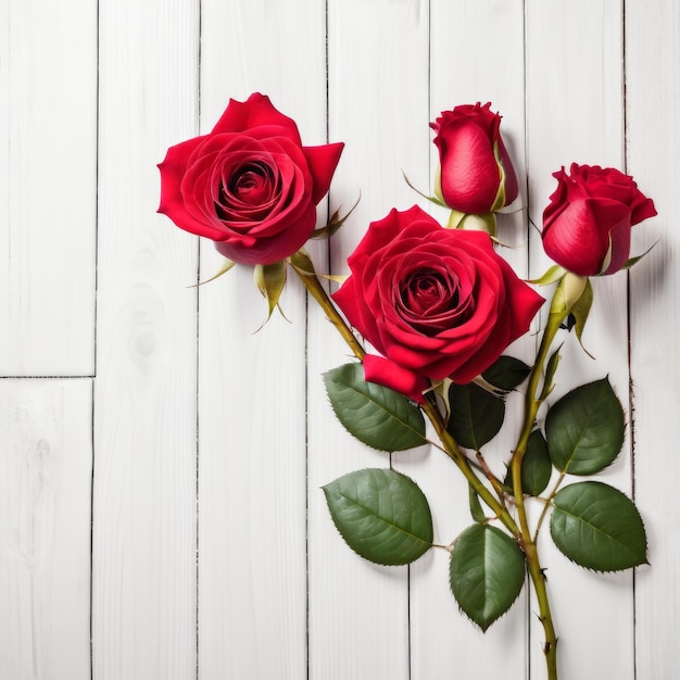Rode rozenbloemen op witte houten achtergrond Romantische groetekaartje voor Valentijnsdag