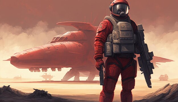 Rode ruimtevaarder staande door futuristische rover op de planeet Mars Fantasieconcept Illustratie schilderij Generatieve AI