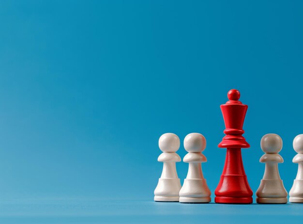 Rode schaakkoningin tussen witte pionnen op blauwe kopie ruimte