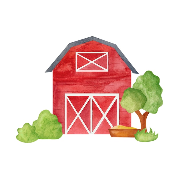 Rode schuur met bomen en struiken Waterverf illustratie van een rode schuur omringd door groene bomen enstruiken op een boerderij Perfect voor landelijke thema's groetekaart ontwerpen of rustieke decor elementen