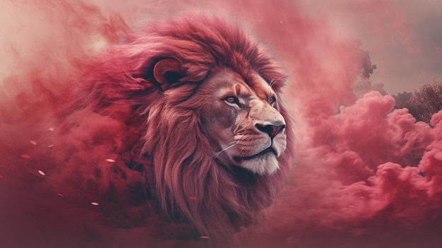 Rode smokey achtergrond leeuwenkop mooie foto Ai gegenereerde kunst