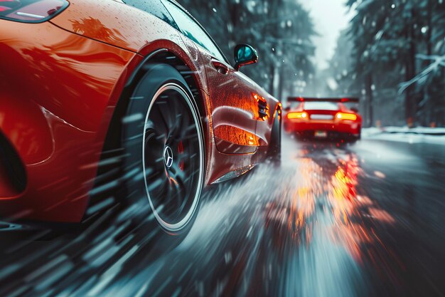Rode sportwagens racen op natte winterweg