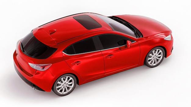 Rode stadsauto met blanco oppervlak voor uw creatieve ontwerp. 3D-weergave.