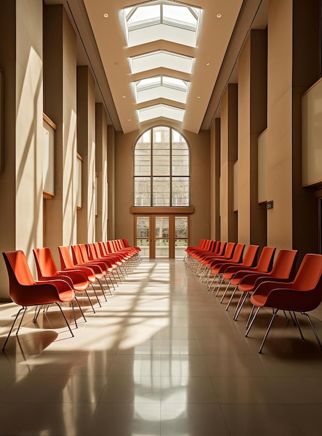 rode stoelen gerangschikt in een kamer in de stijl van de dsseldorf school of photography