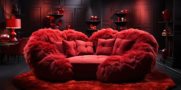 Rode studio bed met pluizige kussens en een groot hart op de dekbedden