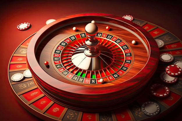 Foto rode tafel voor het spelen van roulette en chips op casino-elementen generatieve ai als achtergrond