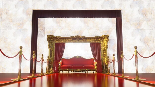 Foto rode tapijt met gouden barrières die leiden naar gouden koninklijke fauteuil met gouden frame 3d render