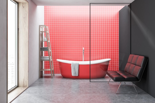 Rode tegel badkamer interieur met een rode badkuip, een groot raam, planken en een bank. 3d rendering mock up