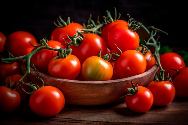 Rode tomaten in een houten kom