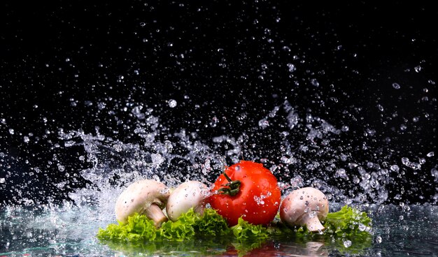 Rode tomaten kers, champignons en groene frisse salade met waterdruppels