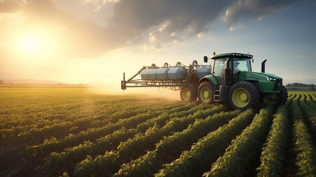 Foto rode tractor spuit pesticiden op sojabonenvelden voor optimale gewasgroei en plaagbestrijding