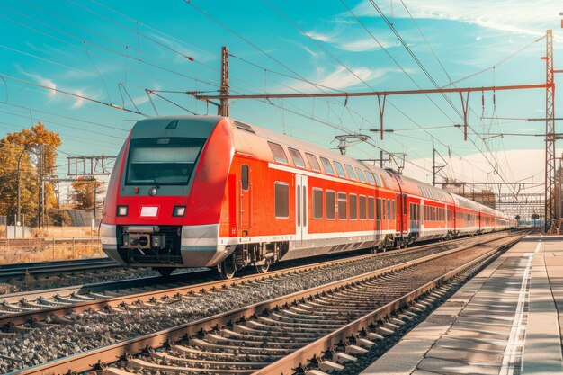 Rode trein rijdt over treinsporen naast elektriciteitsleidingen