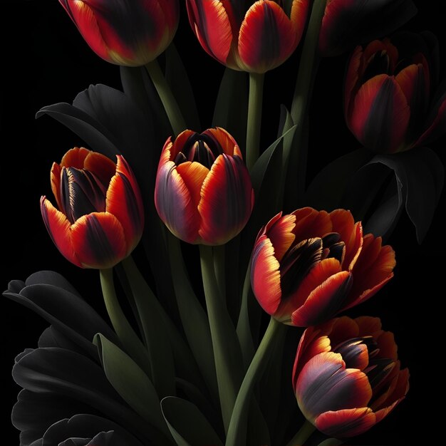 Foto rode tulpen decoratieve digitale 2d-schilderij kleurillustratie voor achtergrond generatieve ai