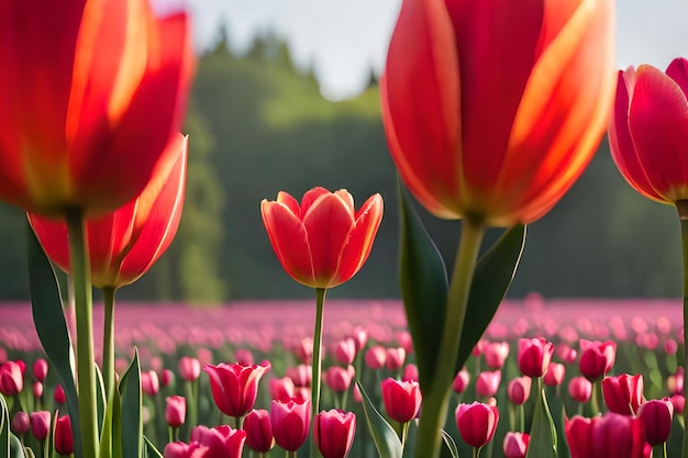 rode tulpen in een veld met rode tulpen.