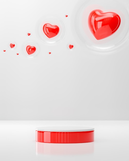 Rode Valentijnsdag podium voor productpresentatie in rood witte achtergrond voor sociale media 3D-rend