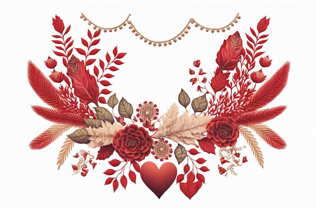 rode valentijnskrans op witte geïsoleerde achtergrond, boho-stijl