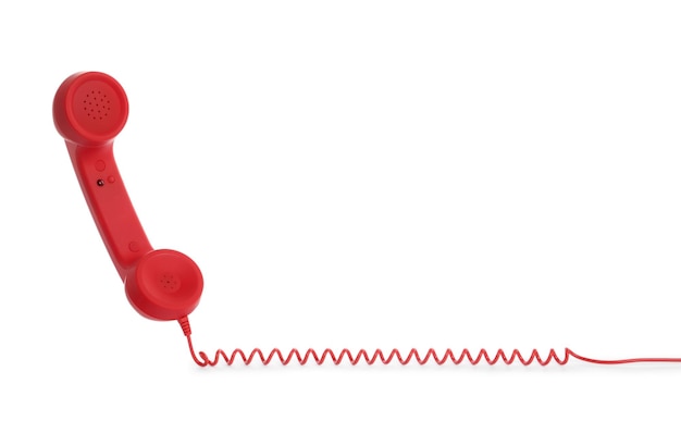 Foto rode vaste telefoonhoorn op witte achtergrond hotline concept