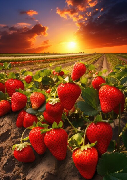 Foto rode verse aardbeien in een rij groeien in het veld zonsondergang licht generatieve ai