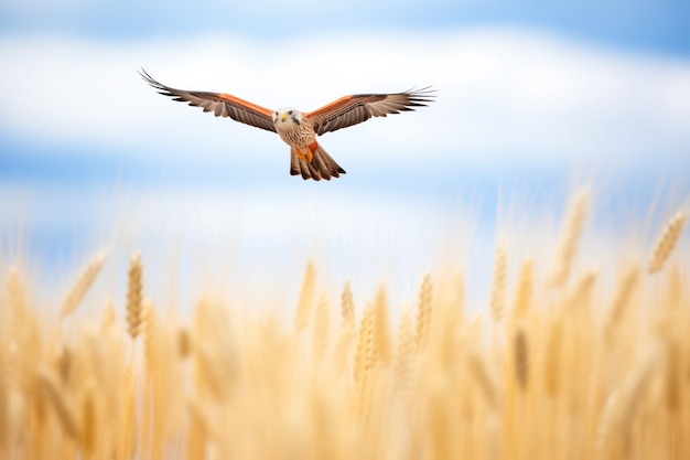 Foto rode vlieger vliegt over een gouden tarweveld