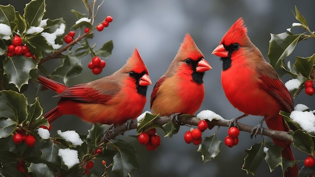 Foto rode vogel of noordelijke kardinaal mates gelegen op hulst takken