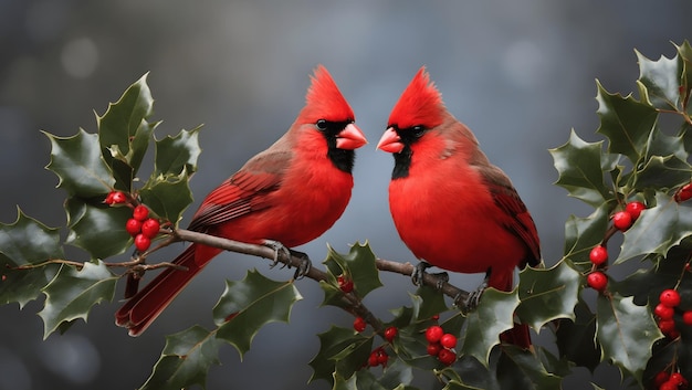 Foto rode vogel of noordelijke kardinaal mates gelegen op hulst takken