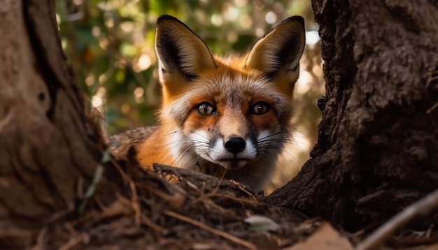 Rode vos alert en schattig zittend in de herfst bos eenzaamheid gegenereerd door AI