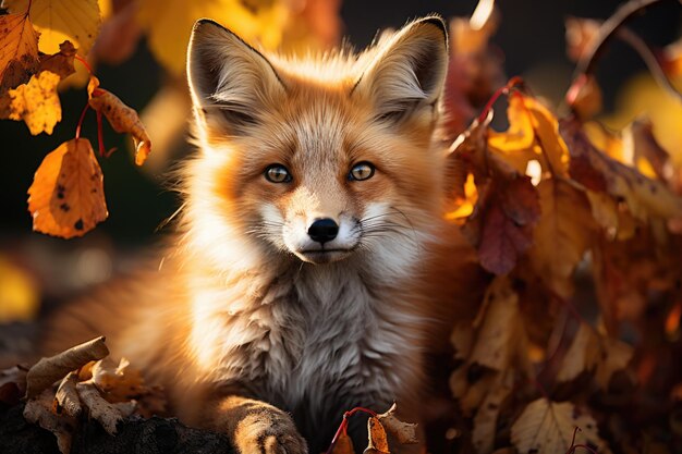 Rode vos die op de herfstbladeren staat