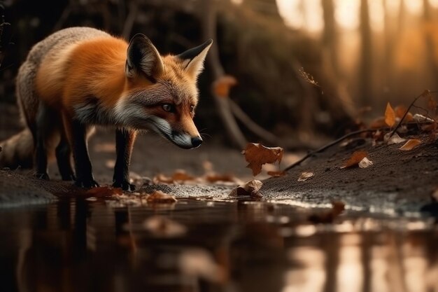 Foto rode vos drinkt water uit een plas water in het herfstbos