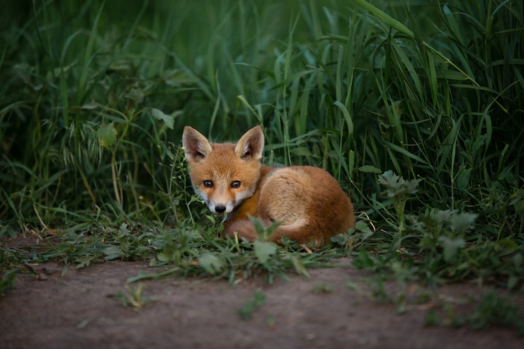 Foto rode vos ligt op het groene gras