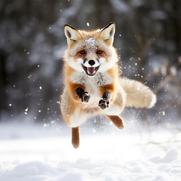 Rode vos springt in het winterwoud Mooi dier in de natuur