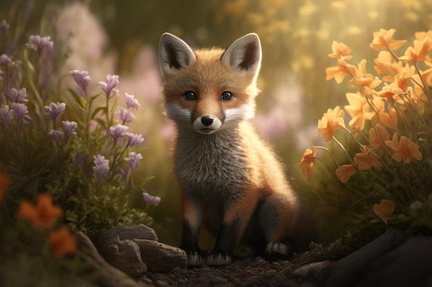 Rode vossenwelpen in weilanden met bloemen Generatieve AI