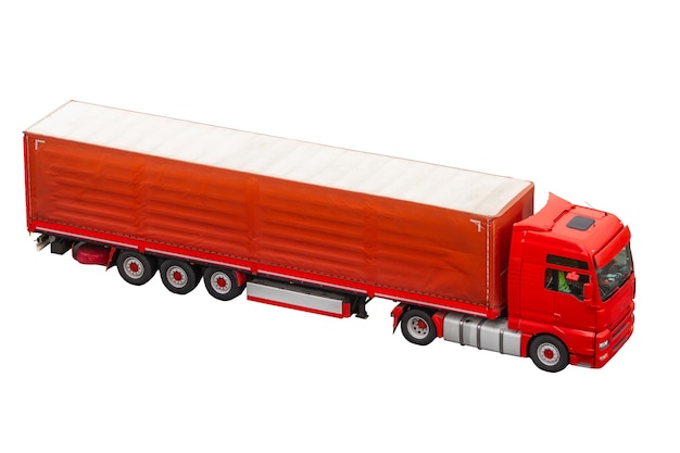 Rode vrachtwagen grote oplegger geïsoleerd op een witte achtergrond