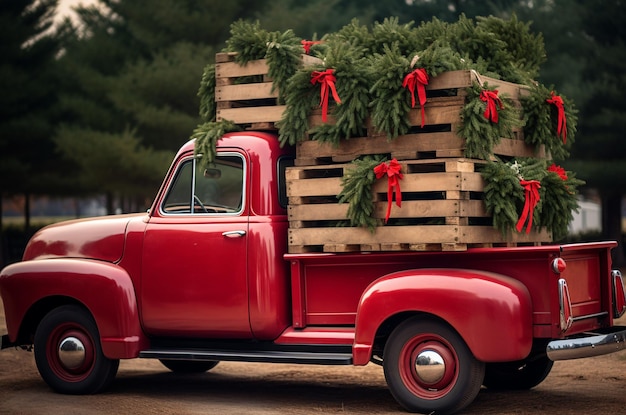 Foto rode vrachtwagen met dozen met kerstbomen.