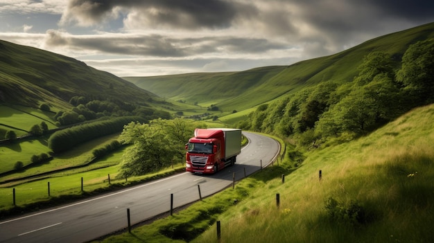 Rode vrachtwagen op Serpentine Road tussen het groene landschap van het Peak District National Park in het Verenigd Koninkrijk