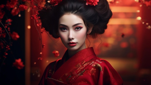 Rode vrouw kostuum haar exotische kimono stijl vrouwelijk Azië mode make-up bloem traditie Japan schoonheid cultuur Oosters Aziatisch portret Japanse kunst gezicht geisha