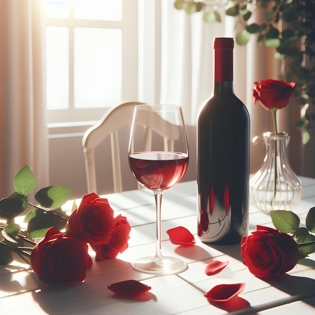 Rode wijn fles twee lege glazen rode rozen op witte houten tafel over witte kamer achtergrond zonnige dag