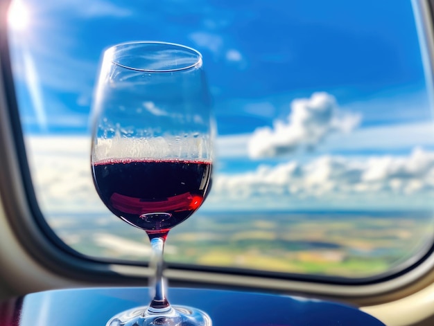 Rode wijn in een glas voor het raam van een vliegtuig