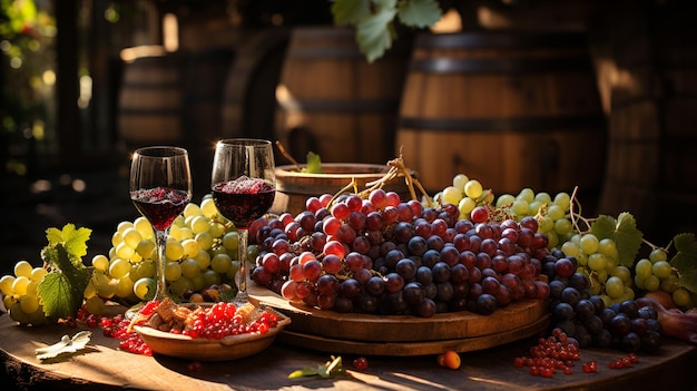 rode wijn in glazen en glazen druiven op houten tafel