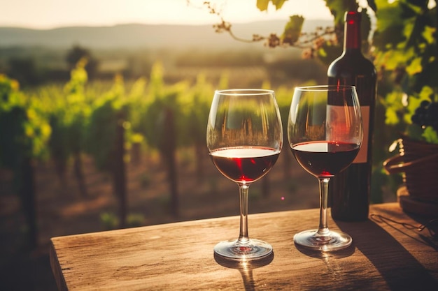 Foto rode wijn in glazen in de wijngaard gieten