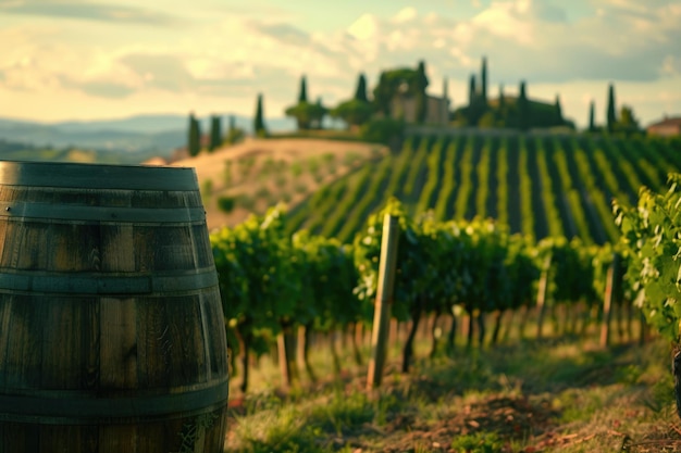 Rode wijn in vaten op wijngaard in het groene Toscane, Italië