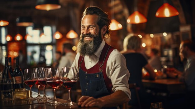 Foto rode wijn proeven in een restaurant onder leiding van een sommelier