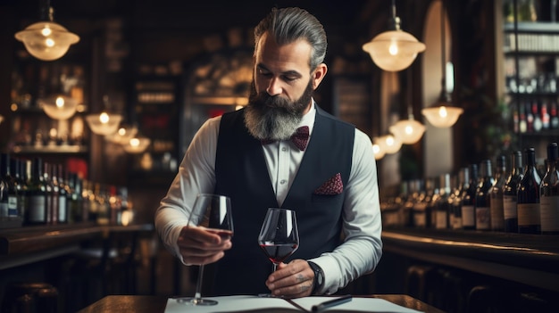 Foto rode wijn proeven in een restaurant onder leiding van een sommelier