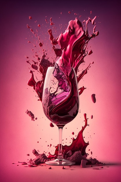 Rode wijn spatten in glas op roze achtergrond Generatieve AI
