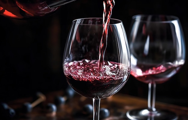 Rode wijn spatten uit een glas op zwarte achtergrond