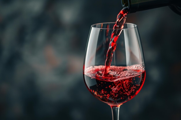 Rode wijn wordt in een glazen beker gegoten over een zwarte omgeving en ruimte Generatieve AI