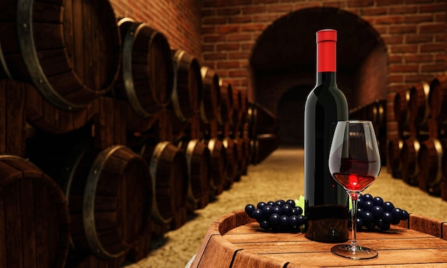Rode wijnfles en helder glas met rode wijn Zet op een wijngistingstank Met veel wijngistingstanks voorraad geplaatst dicht bij de rode bakstenen muur in kelder of kelder 3D-rendering
