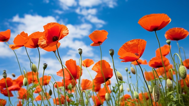 Rode wilde papavers tegen blauwe hemel op zonnige dag