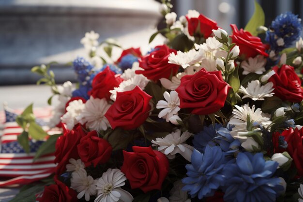 Rode witte en blauwe bloemen gerangschikt op een oorlog Generative ai